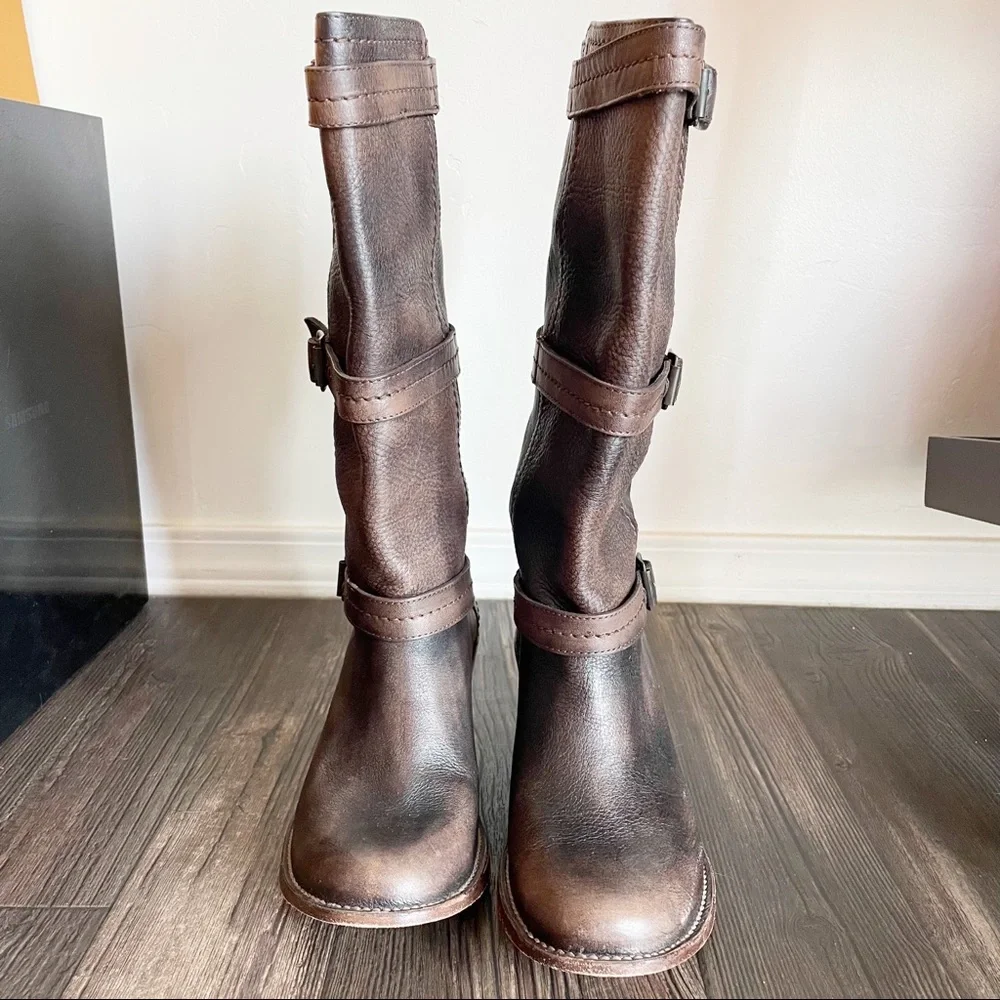 Frye Brown Leather Mid-Calf Buckle Boots - Picture 2 of 10